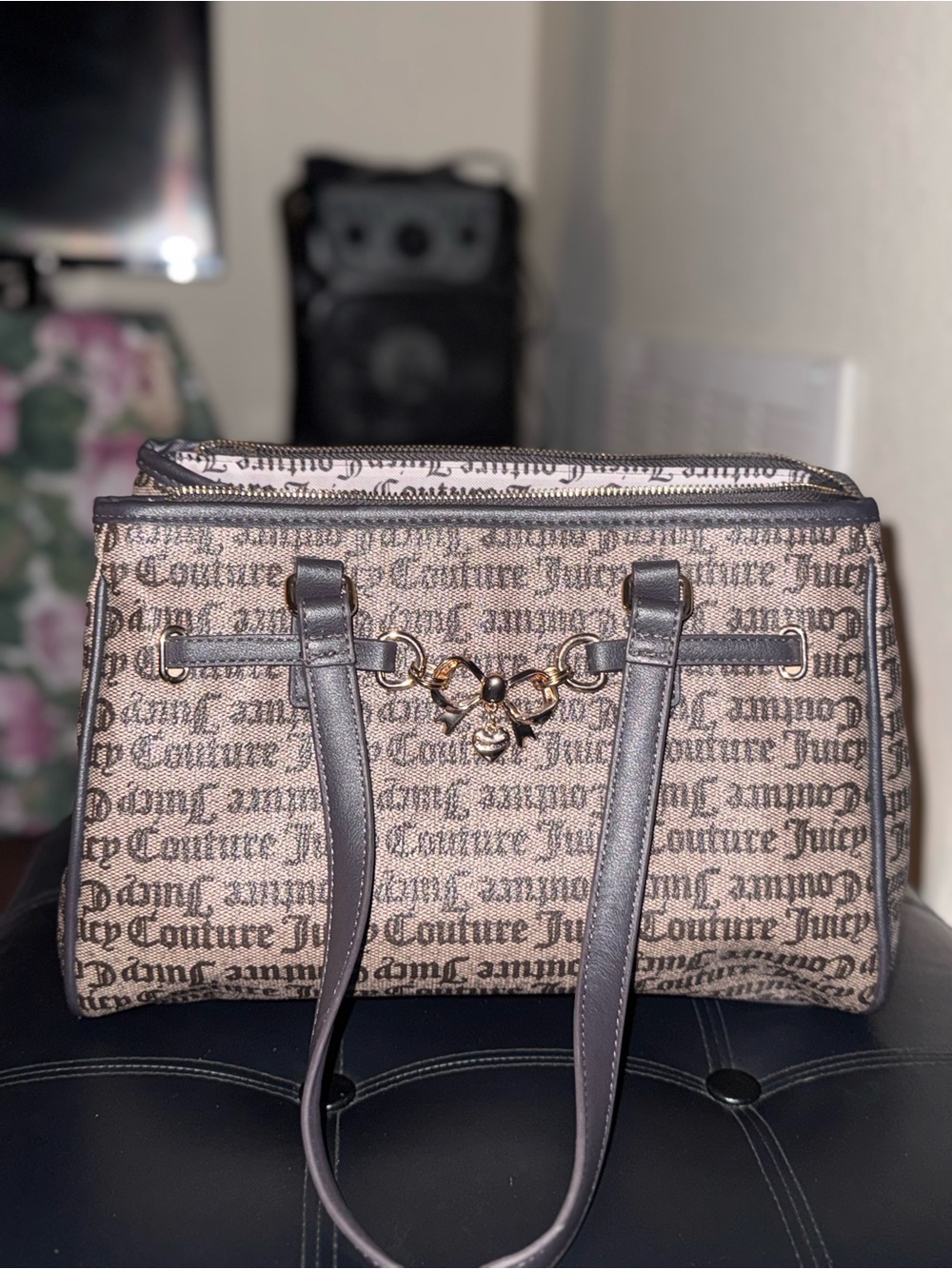 Juicy Couture Beige and Gray Logo Tote with Gold Accent
